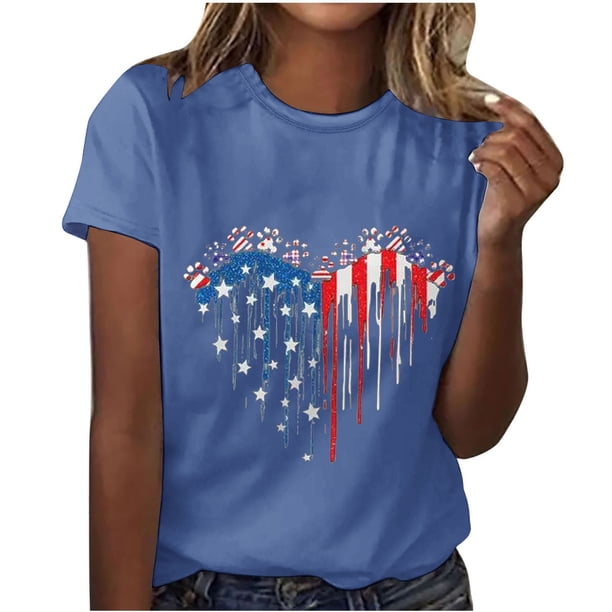Camisetas de Manga Corta para las Mujeres, Blusa de Manga Corta de la Moda Del Día de la Independencia Hecha de Poliéster Cómodo para la Primavera Verano, Blusas de Manga Corta para las Mujeres