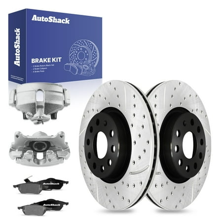 AutoShack Front Drilled & Slotted Brake Rotors Ceramic Brake Pads Calipers | Replacement for 2005 Volkswagen Jetta 2.5L FWD | E-Coated | 8-PC Brake Kit | ShadowGuard