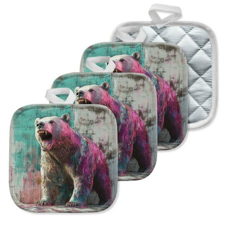 

4Pcs Pot Holder for Kitchen Vividly - Hued Roaring Bear Composition Square Heat Resistant Hotpads 8x8in Non Slip Dirt-Proof Kitchen Cook Oven Potholders Machine Washable