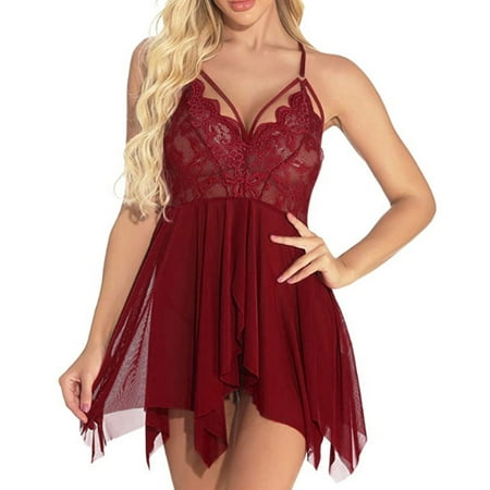 

JeashCHAT Babydoll Lingerie for Women Sexy Lingerie See-Through Dress Thong Shoulder Strap Pajamas Dress