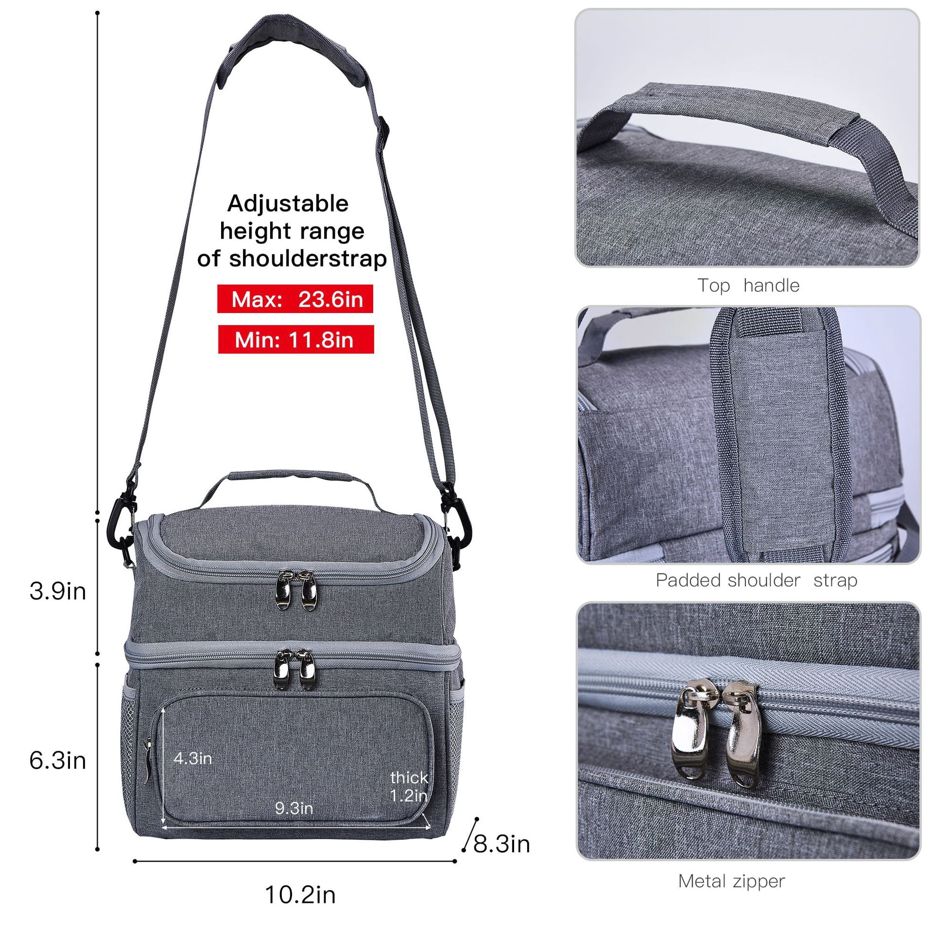 COUTUDI 14L Large Insulated Lunch Bag for Men Women Adult Reusable Leakproof Tote Cooler Lunch Bag for Office Work Double Deck with Shoulder Straps （Grey）