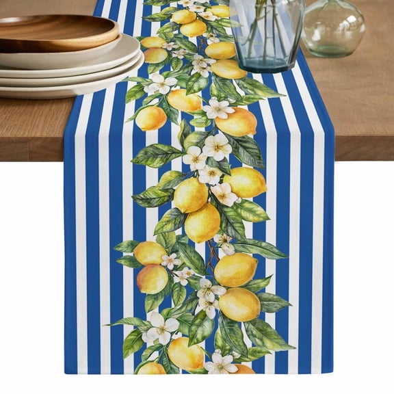 Blue Stripes Lemon Table Runner, Spring Fruit Flowers Leaves Line Washable Cotton Linen Table Runners 36 Inches Long, Dresser Scarf Runner for Nightstand/End Tables/Round Tables 13''x36''