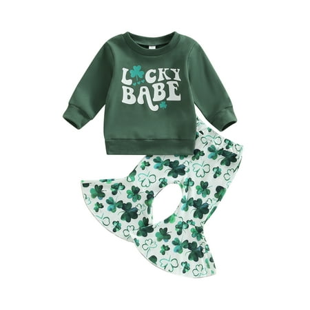 

Infant Toddler Baby Girl St. Patricks Day Outfit Lucky Babe Sweatshirt Clover Flared Pants 2Pcs Clothes Set