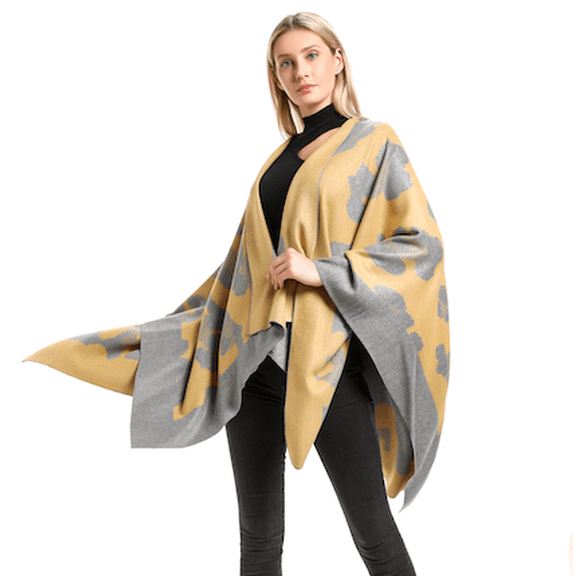 PRETTY PERSUASIONS, Sierra Jarguar Cape Mustard sleeveless outer garment hangs loosely over the shoulders