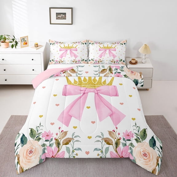 Erosebridal Pink Crown Bow Full Bedding Set Cute Girly Bowknot Down Comforter Watercolor Rose Flowers Comforter Set Teen Women,Kawaii Love Heart Duvet Insert