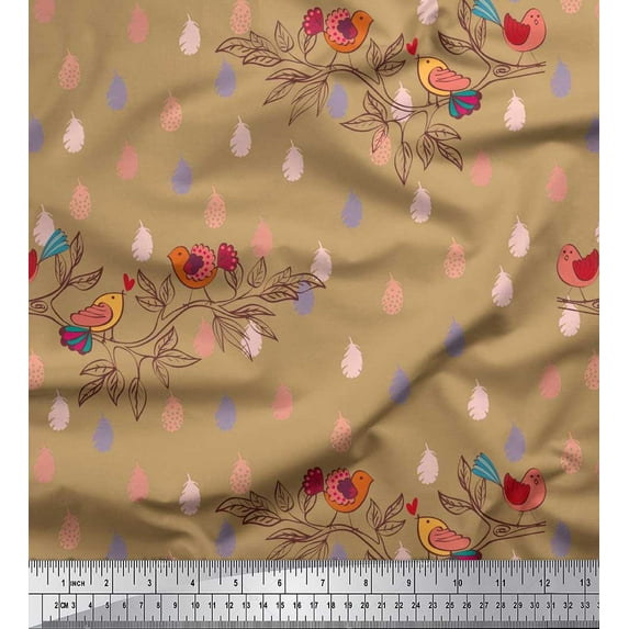 Soimoi Satin Silk Fabric Feather,Branch & Bird Kids Print Fabric by The Yard 42 Inch Wide