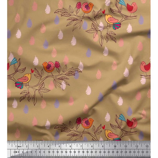 Soimoi Modal Satin Fabric Feather,Branch & Bird Kids Printed Craft Fabric by The Yard 42 Inch Wide