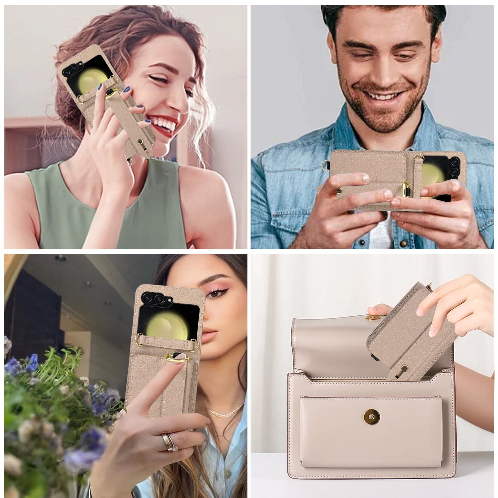 Dteck for Samsung Galaxy Z Flip 6 Wallet Case with Card Holder, Crossbody Wallet Case for Galaxy Z Flip6 5G with Hand Strap and Hinge Protection, Carrying Handbag Phone Case for Women Girls,Beige