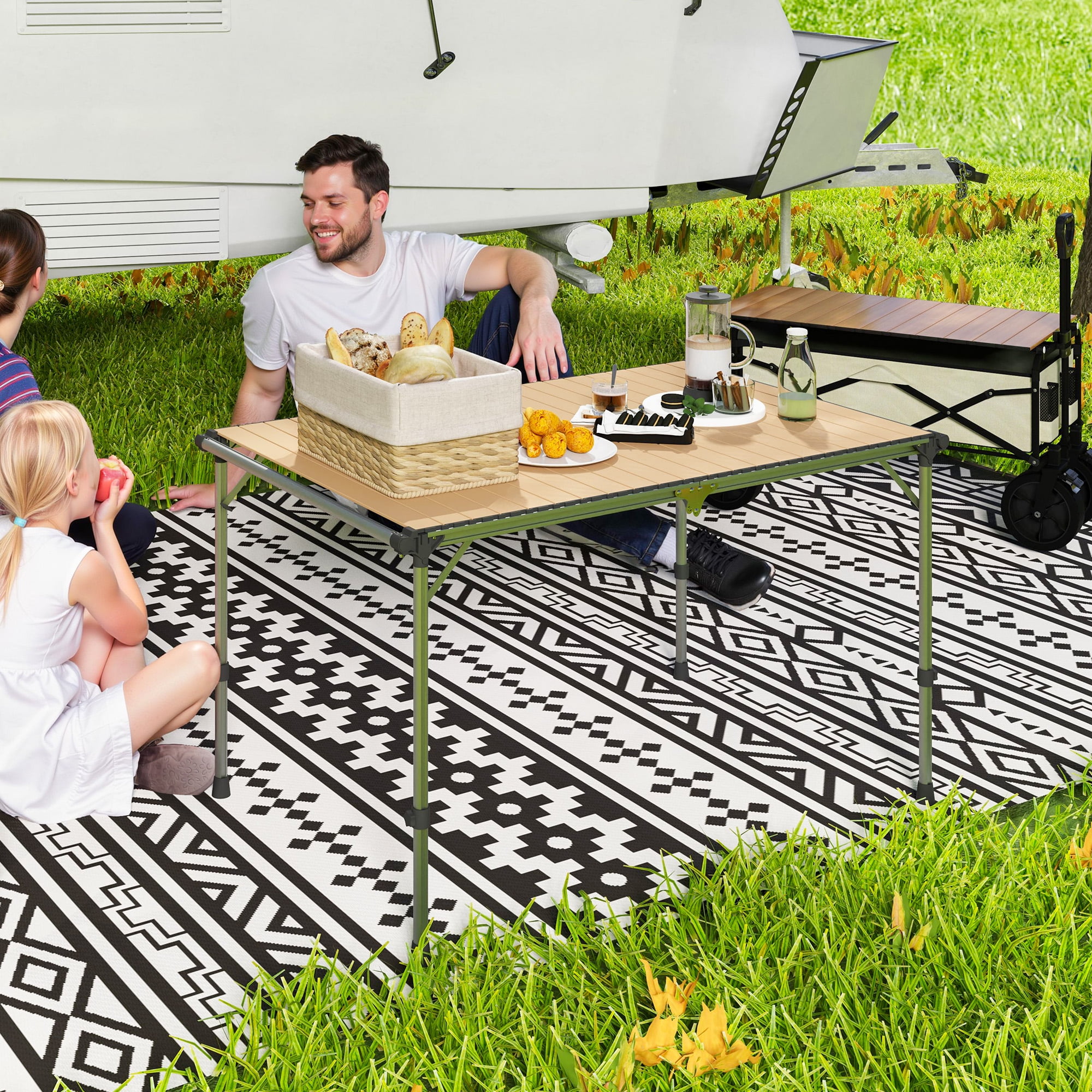 Adjustable Height Aluminum Picnic Table, Light Brown Anodized Rust-Free Portable Folding Table for Outdoor Dining Cooking Workstation, Supports 66 lbs
