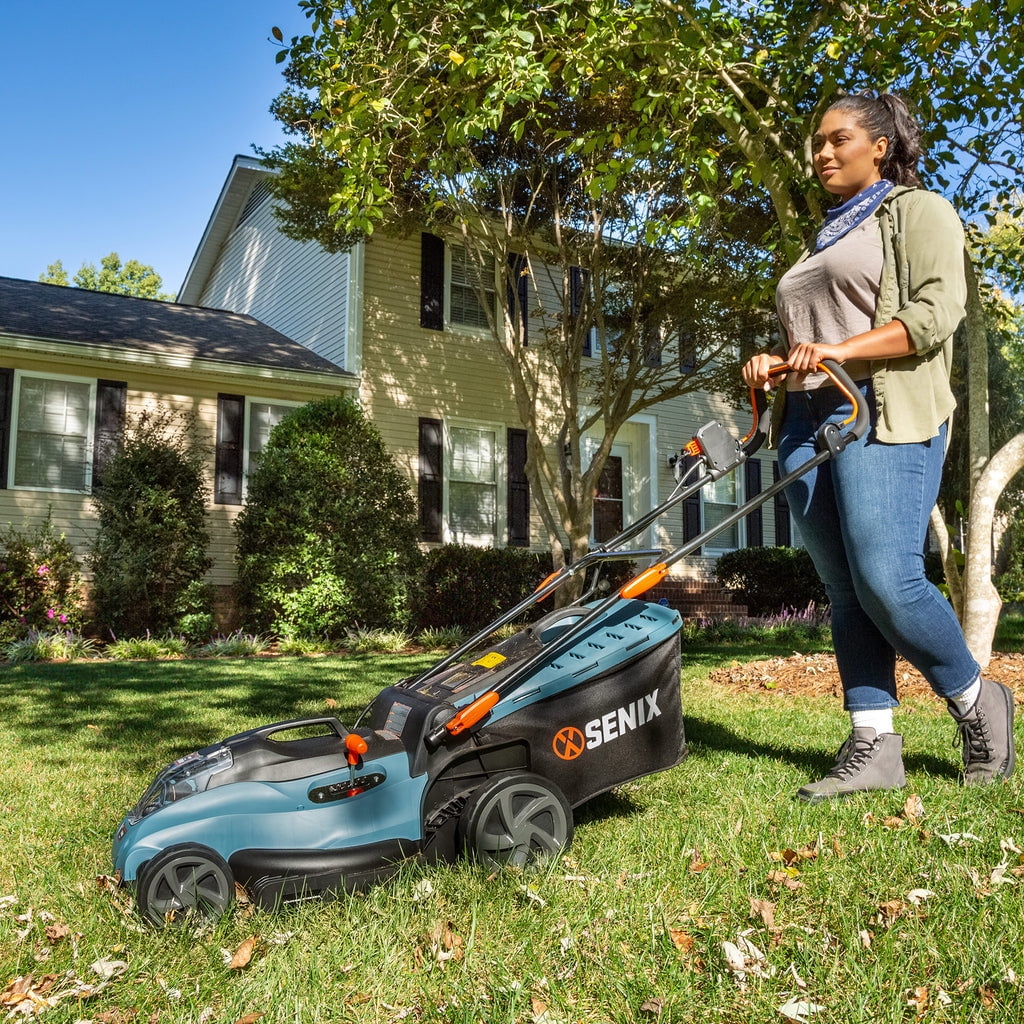 SENIX 58 Volt Max* Cordless Lawn Mower, 17-Inch, Brushless Motor, 6-Position Height Adjustment, 13-Gallon Bagger (Battery and Charger Included) LPPX5-M