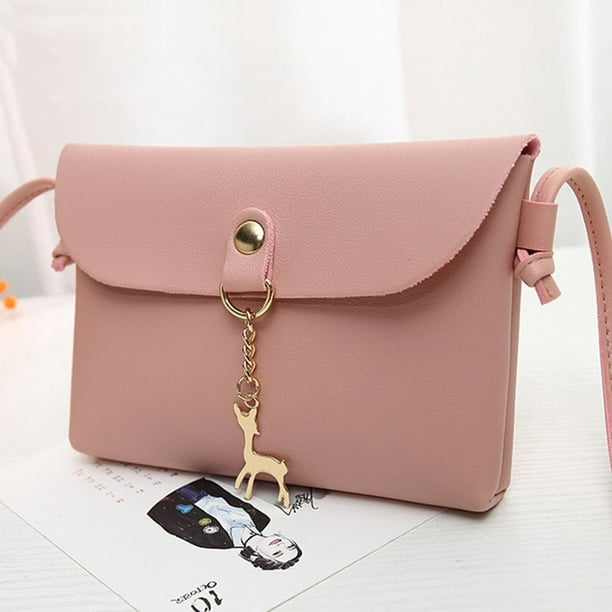 Generic Simple Style Deer Pendant Shoulder Bag Crossbody Bag Pu Leather Handbag Small Flap Bag Woman Small Clutch Mobile Phone Bag Pink