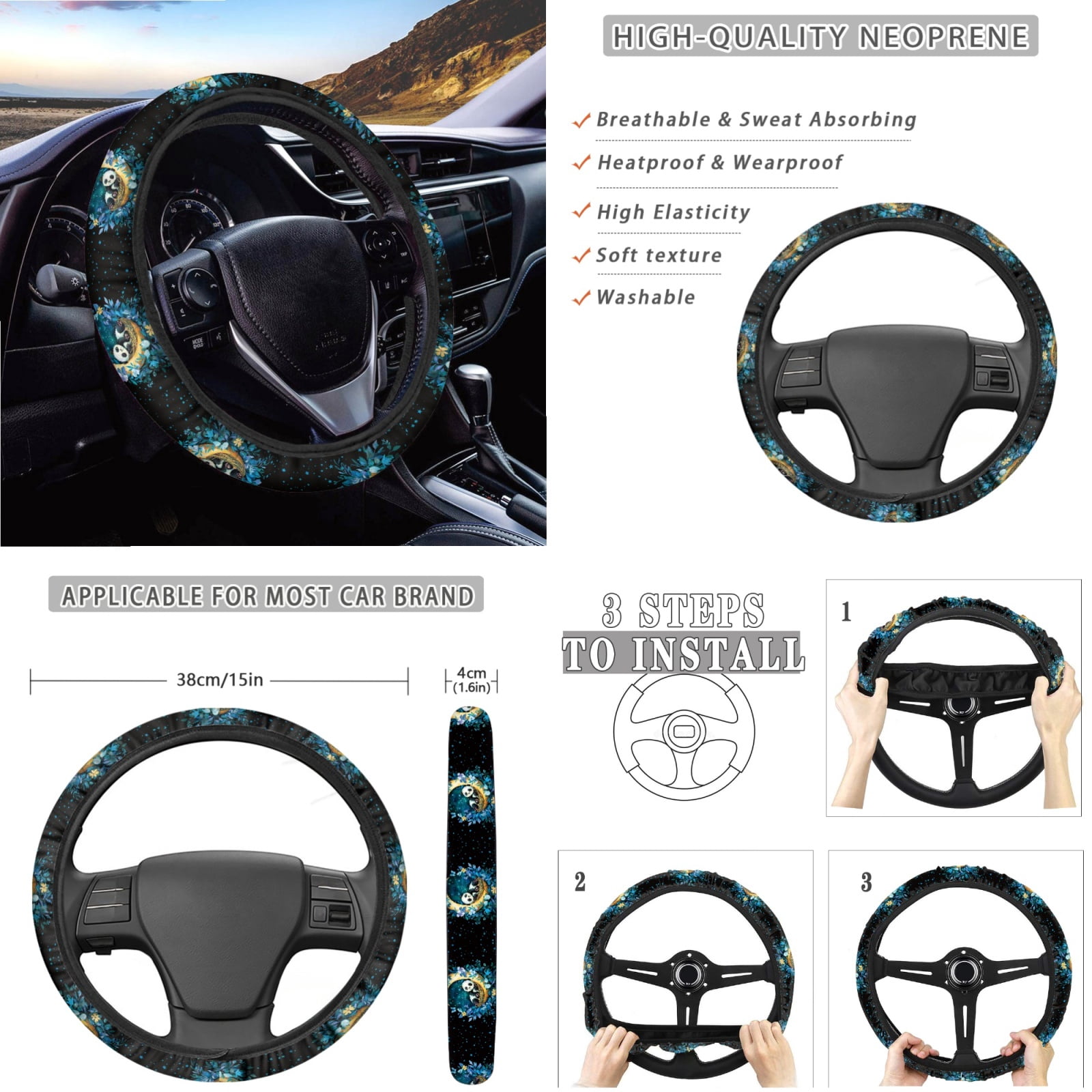 Jeiento Cute Panda Auto Accessories Set Car Seat Covers Steering Wheel Cover Seatbelt Pad Trash Can Moon Rear View Mirror Protector Handbrake Cover Set Car Armrest Cover Coasters for SUV Sedan Van
