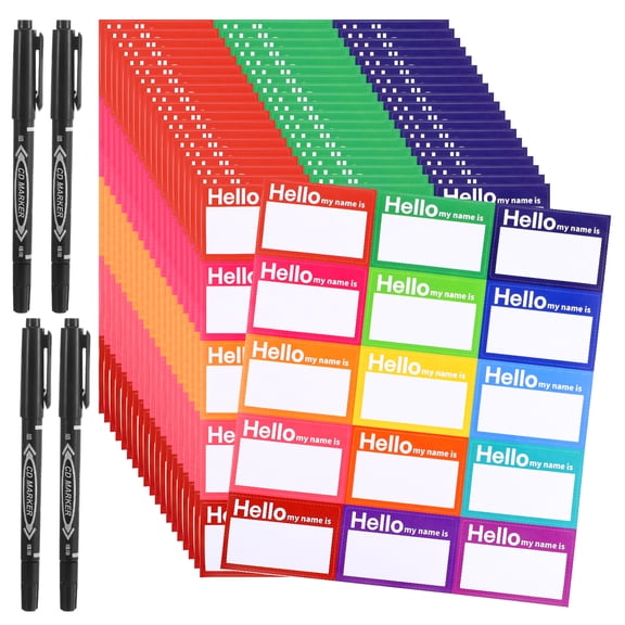 sixwipe 300 Pcs Name Tags with 4 Marker Pen, 15 Color Self-Adhesive Clothing Labels, No-Iron Fabric Labels, Personalized Label Stickers for Schools Conferences Group Activity (3 x 2 Inches)