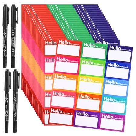 sixwipe 300 Pcs Name Tags with 4 Marker Pen, 15 Color Self-Adhesive Clothing Labels, No-Iron Fabric Labels, Personalized Label Stickers for Schools Conferences Group Activity (3 x 2 Inches)