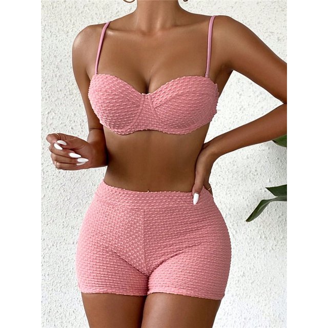 Bikini de cintura alta para mujer, bañador Sexy con Push-Up, ropa de baño recortada con aros, color negro, blanco y rosa, traje de baño de cintura alta