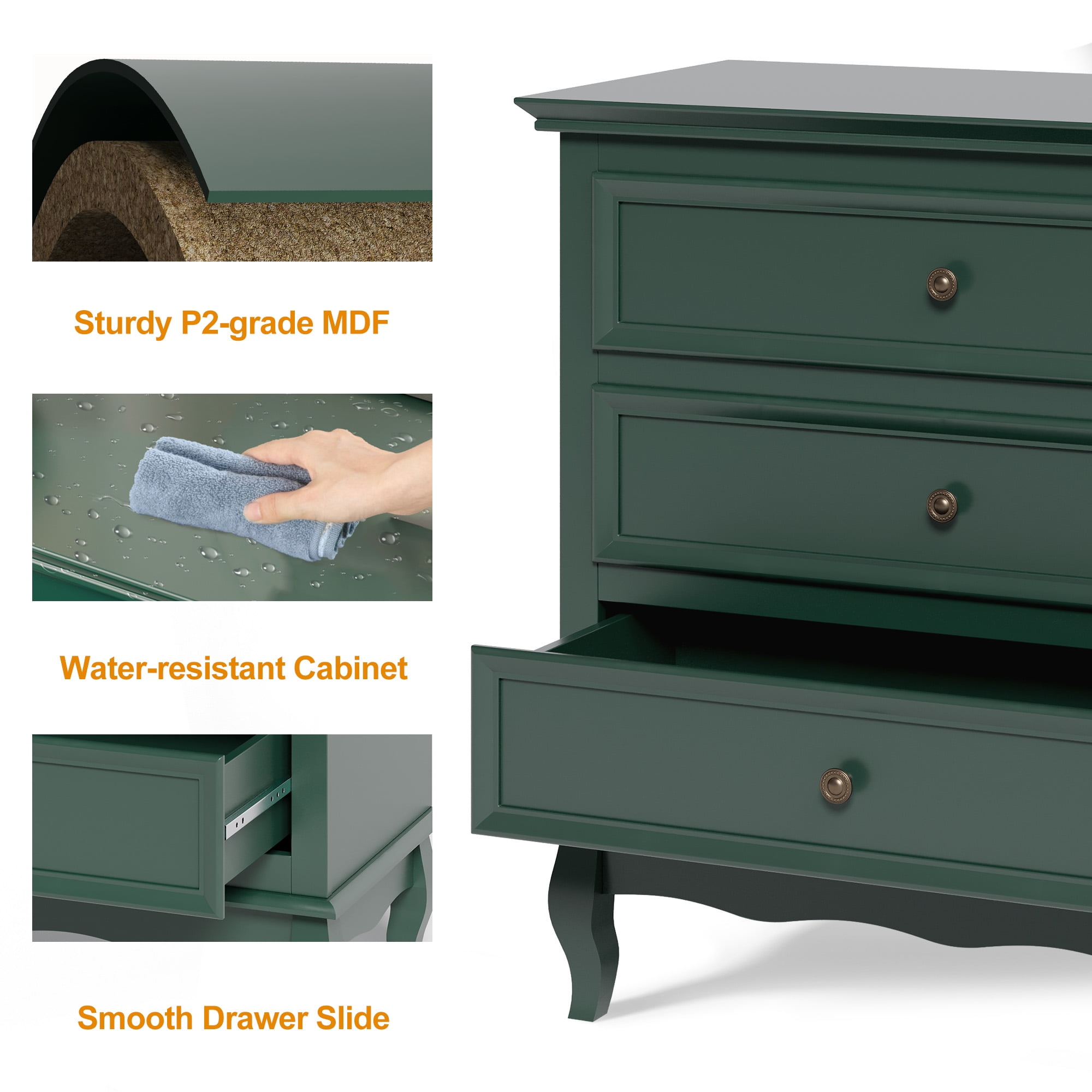 Heynemo Striped MDF 3-Drawer Dresser, 32-Inch Wide Storage Organizer Cabinet for Bedroom, Living Room, Hallway