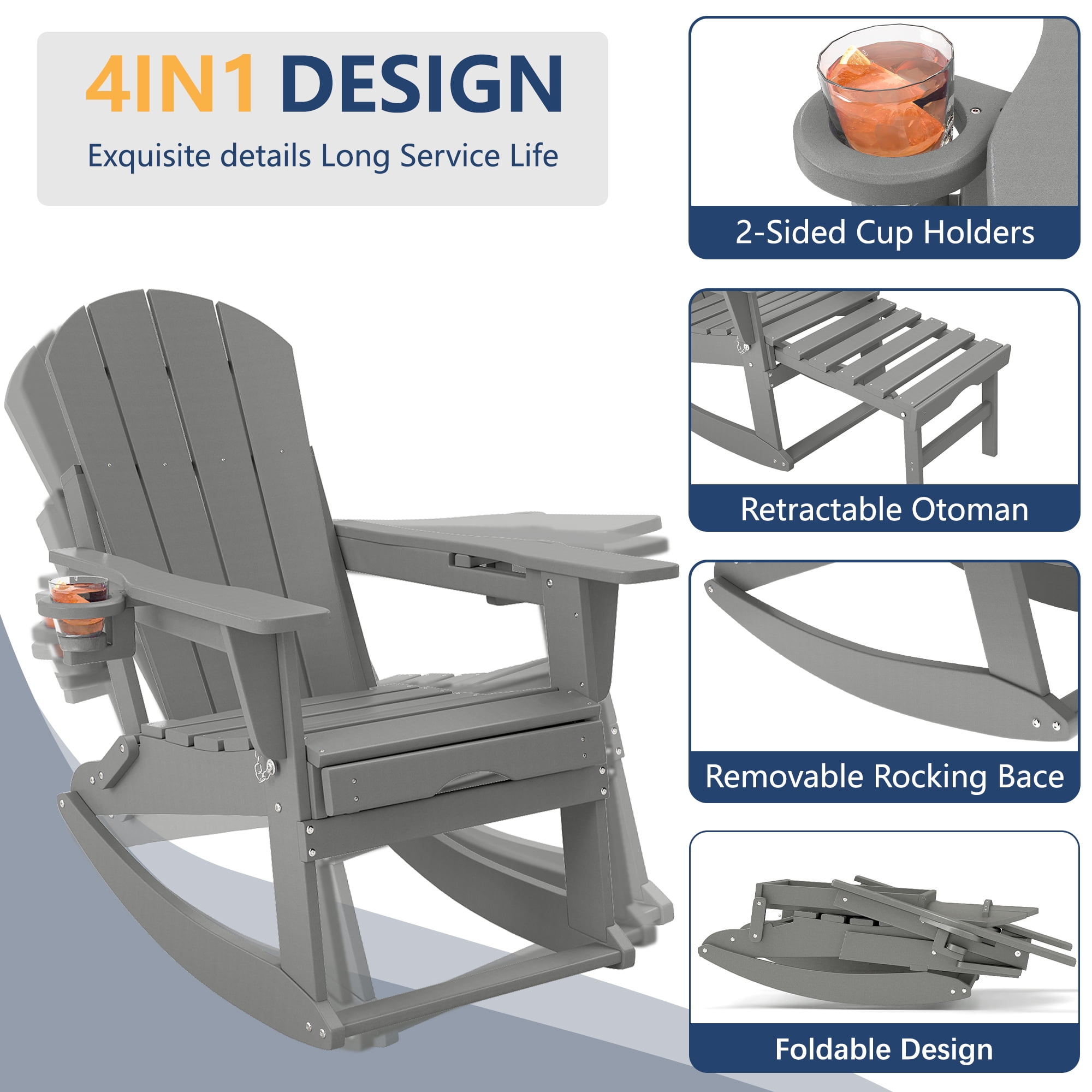 FOOWIN HDPE Plastic Rocking Adirondack Chair, Folding Rocking Chairs for Patio Porch Rocker Chair, Light Gray