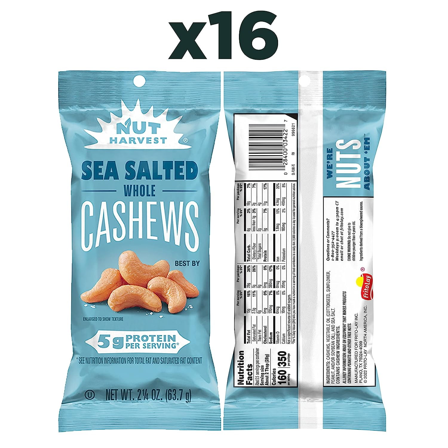 Nut Harvest Sea Salted Whole Cashews, 2.25 Ounce (Pack of 16)