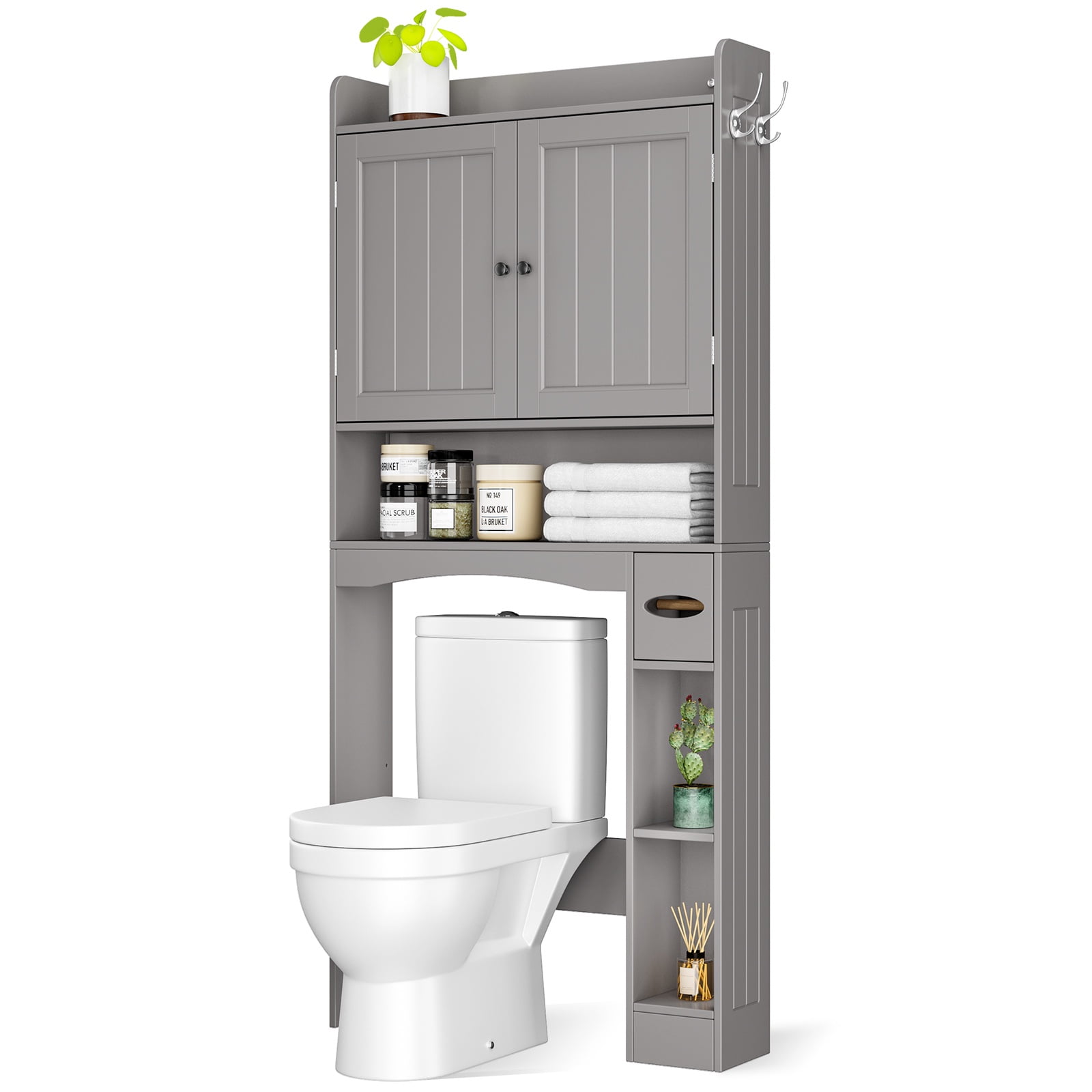Noelse  Over the Toilet Storage Cabinet, Over Toilet Bathroom Organizer with 2 Doors, Adjustable Shelves, Toilet Paper Holder, 2 Side Hooks, Space-Saver for Bathroom, Laundry, Gray