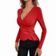 thumbnail image 3 of Camiseta de Larga Ajustada con Escote en V Profundo y Fruncido para Mujer Rojo L, 3 of 5
