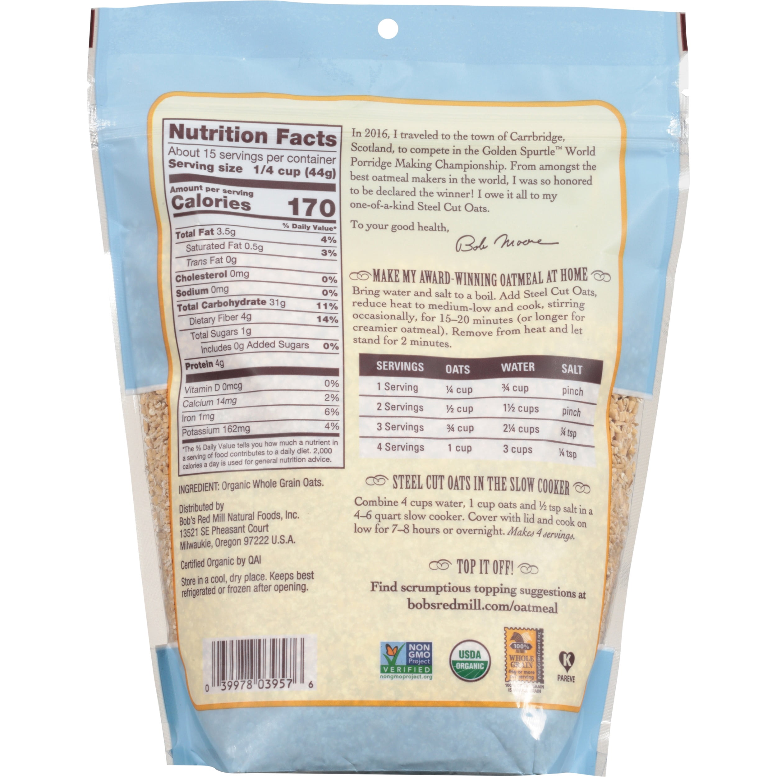 Bob's Red Mill Organic Steel Cut Oats 24 oz Shelf-Stable Bag