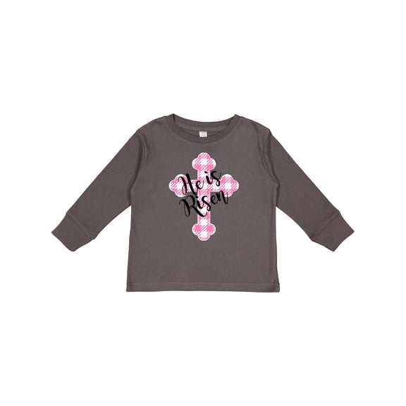 Inktastic He is Risen Pink Plaid Cross Boys or Girls Long Sleeve Toddler T-Shirt