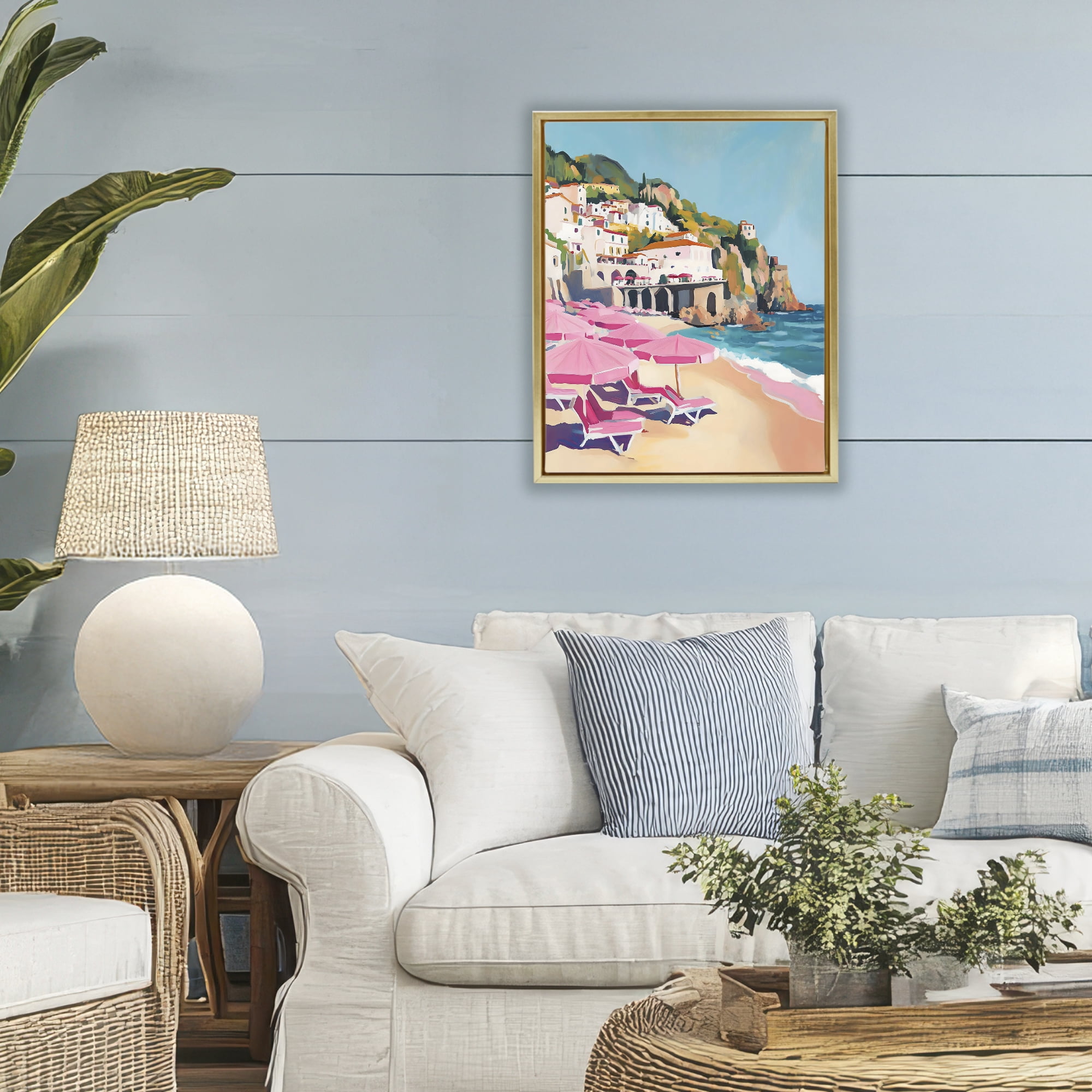 Stupell Industries Pink Beach Chairs on Shoreline Gold Framed Floater Canvas Wall Art, design by The Prints Vibe