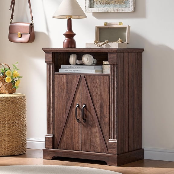 24-Inch Walnut Freestanding Farmhouse Buffet Sideboard with Barn Door and Adjustable Shelf, Small Coffee Bar for Kitchen