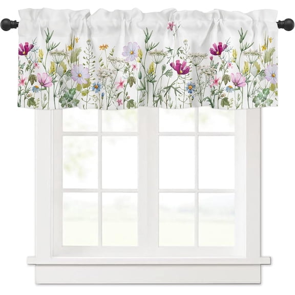 Curtain Valances for Windows,Watercolor Flowers and Plants Semi Sheer Valance Curtains, Rod Pocket Short Window Treatment, Window Valance Curtains for Kitchen Living Room Bedroom Windows 54"x18"