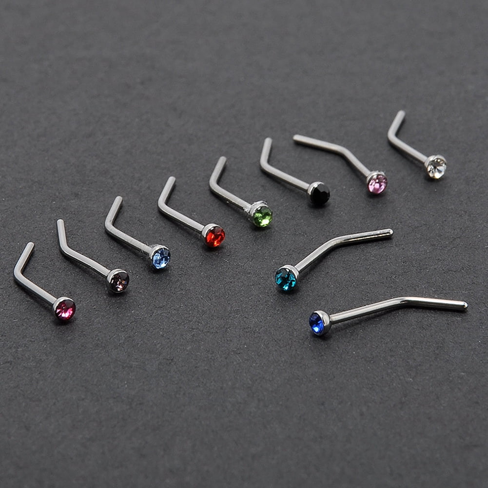 1.8mm Rhinestone Nose Nail Body Piercing Jewelry Stainless Steel Nose Ring 10pcs/pack Walmart