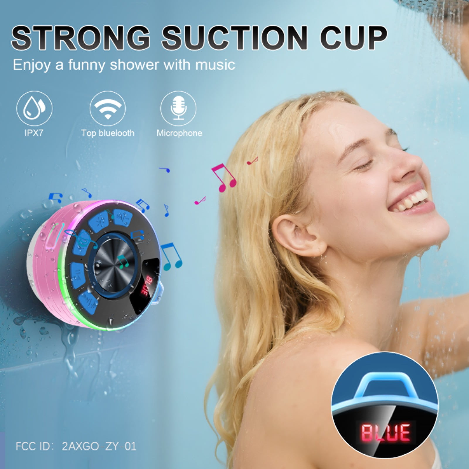 Tukio Bluetooth Speaker, IPX7 Waterproof Shower Speaker with Suction Cup, Mini Portable Speaker, 12H Playtime, Bluetooth 5.4, 360° Sound, RGB LED, Hands-Free Calls, Outdoor Pool Beach Gifts, Pink