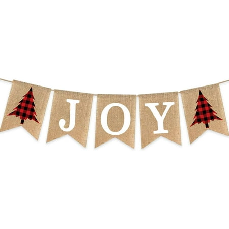Joy Buffalo Plaid Burlap Banner Christmas Holiday Season Party Bunting Signs Buffalo Plaid Tree Black Red