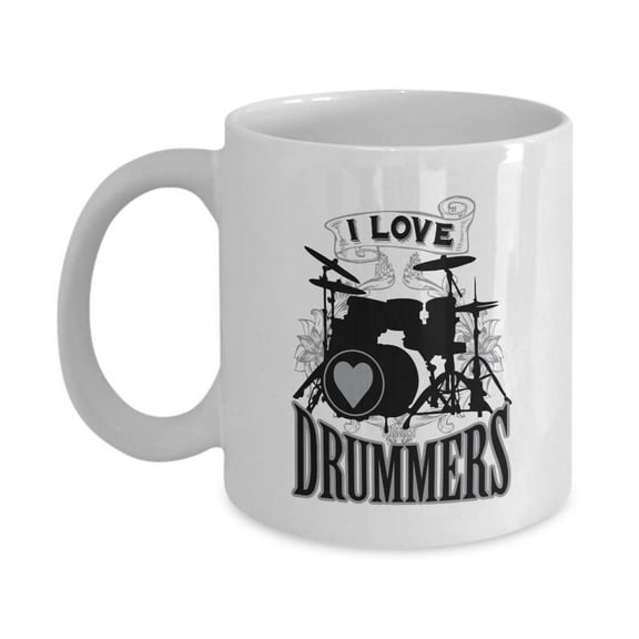 I Love Drummers Drum Set Silhouette Art Coffee & Tea Gift Mug, Kitchen Stuff, Decorations, Merchandise & Accessories For A Band Drummer Fan, Rock Or Heavy Metal Music Lovers, Groupie Girls & Women