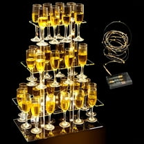 Champagne Display Holder Stand for Party, with 32 Slots, 3 Tier Clear Acrylic Wine Glass Stemware Rack Champagne Flute Holder with Led Light, Measures 26" x 20" x 12"