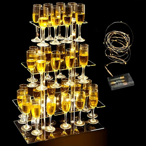 Champagne Display Holder Stand for Party, with 32 Slots, 3 Tier Clear Acrylic Wine Glass Stemware Rack Champagne Flute Holder with Led Light, Measures 26" x 20" x 12"