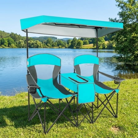 Biotree Folding Camping Chair with Sun Shade Canopy and Cup Holder for Beach Tailgating Outdoor Events Turquoise