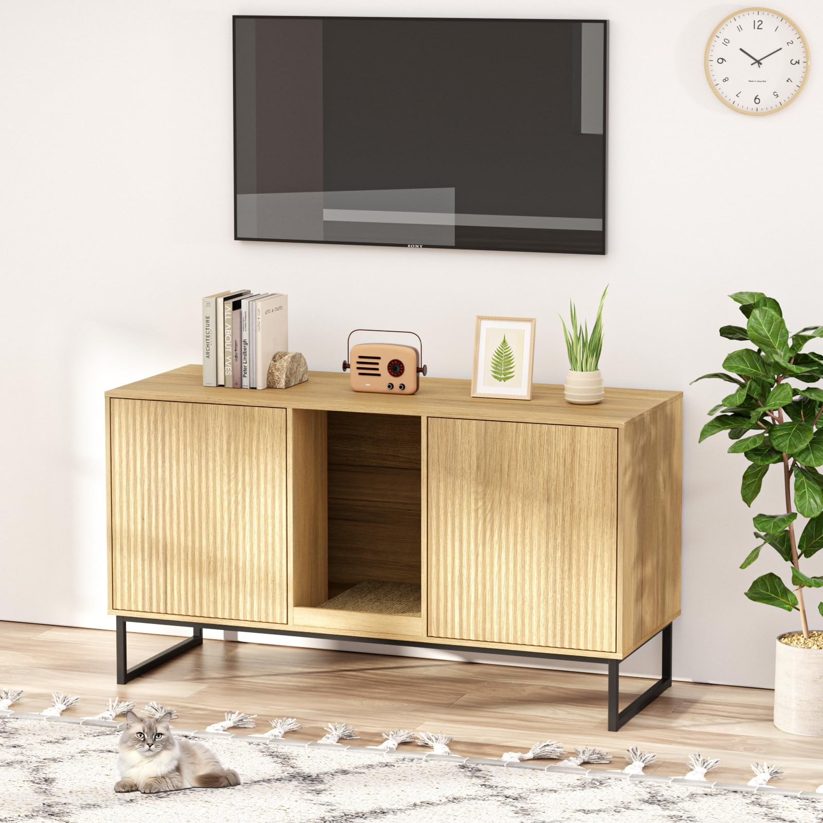 VEANERWOOD Cat Litter Box Enclosure with Hidden Entry and Two Cabinet Doors, Multi-Functional Cat Washroom
