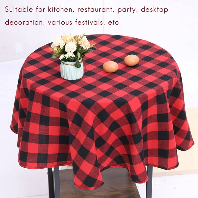 55 Inch Plaid Round Tablecloth Checkered Round Table Cover for Wedding Kitchen Dinning Room Red and Black
