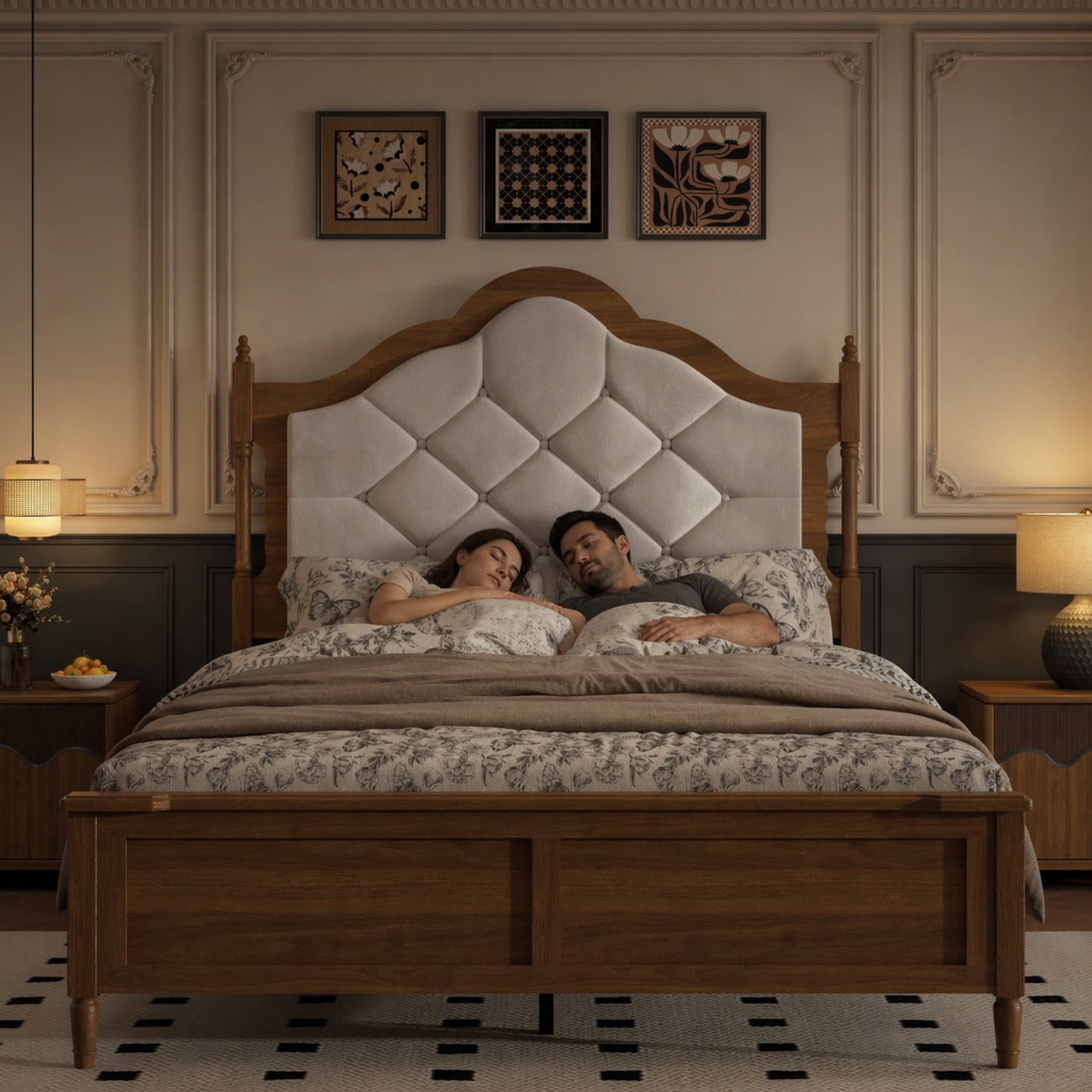 Miniyam Queen Size Farmhouse Upholstered Platform Bed Frame with Diamond Tufted Headboard, Brown Wood Finish