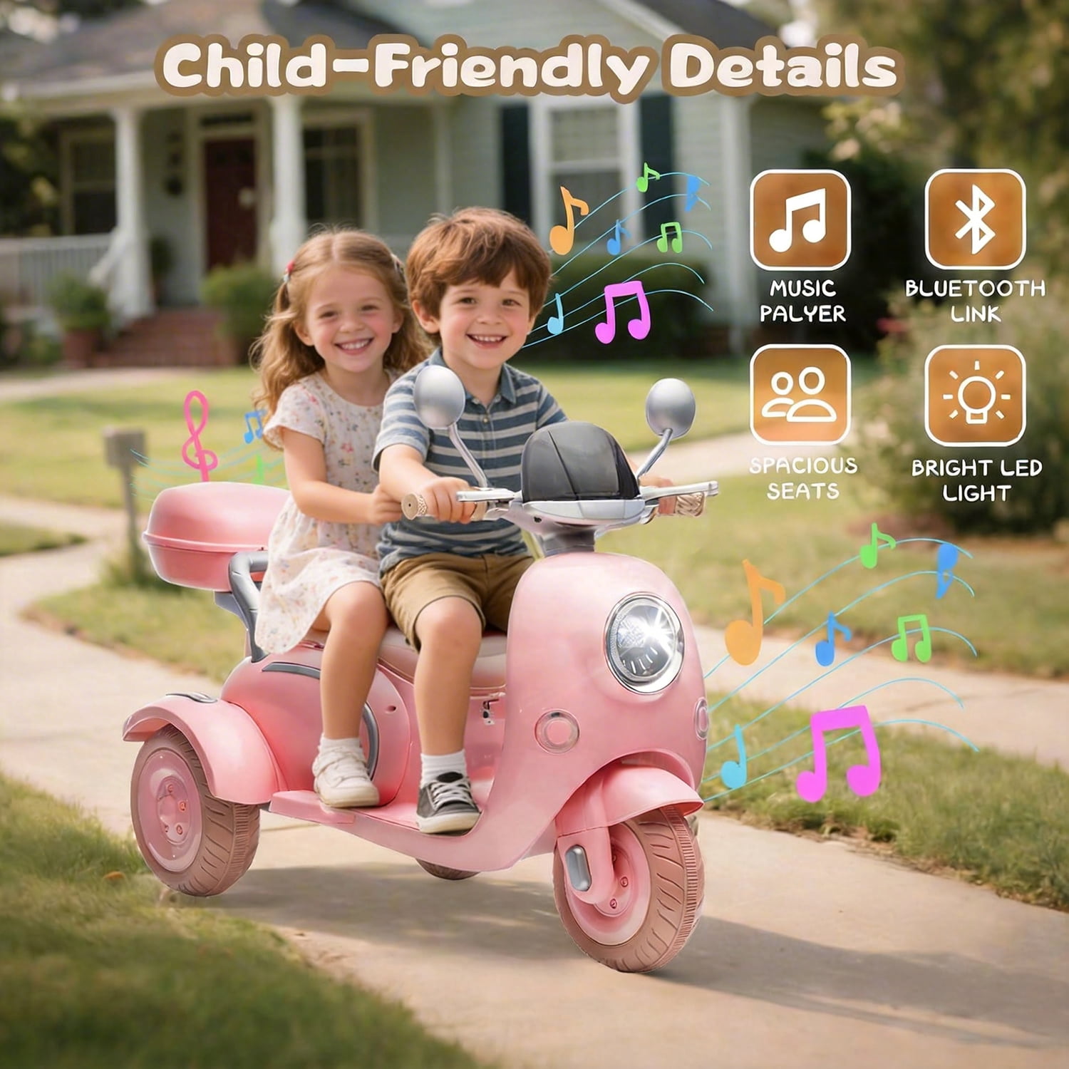 Track Seven 12V Ride on Motorcycle, 2-Seater Electric Motorcycle with Dual Motor, 3 Wheels Motorbike with Bluetooth, LED Lights, Storage Box, Front Hook, Ride on Toy Car for Kids Aged 3+, Pink