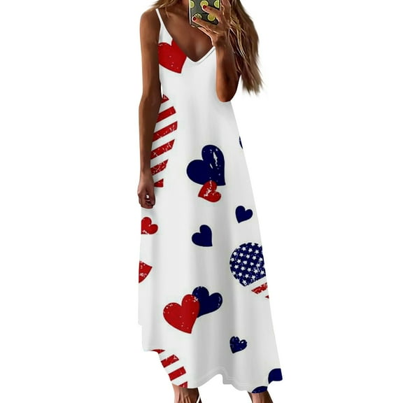 Women's Patriotic Stars and Stripes Sleeveless Maxi Dress, Casual Summer Beach Sundress for Independence Day 4th of July ,Cyan L