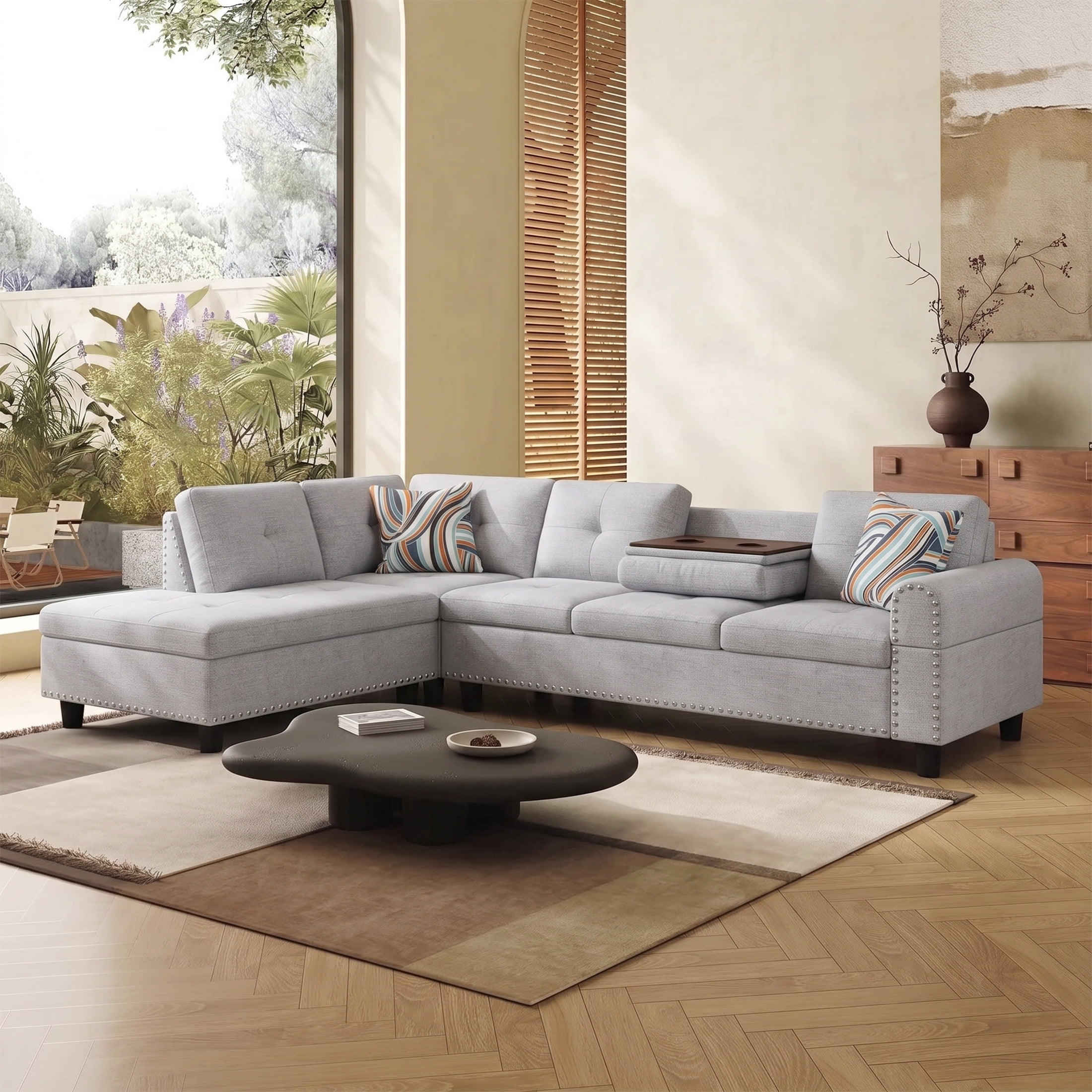 AENKYO 98" L-Shaped Sectional Sofa with Reversible Chaise and Cup Holders, Flannel, Light Gray