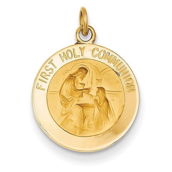Finest Gold 14K Yellow Gold Polished Satin First Holy Communion Medal Hollow Pendant