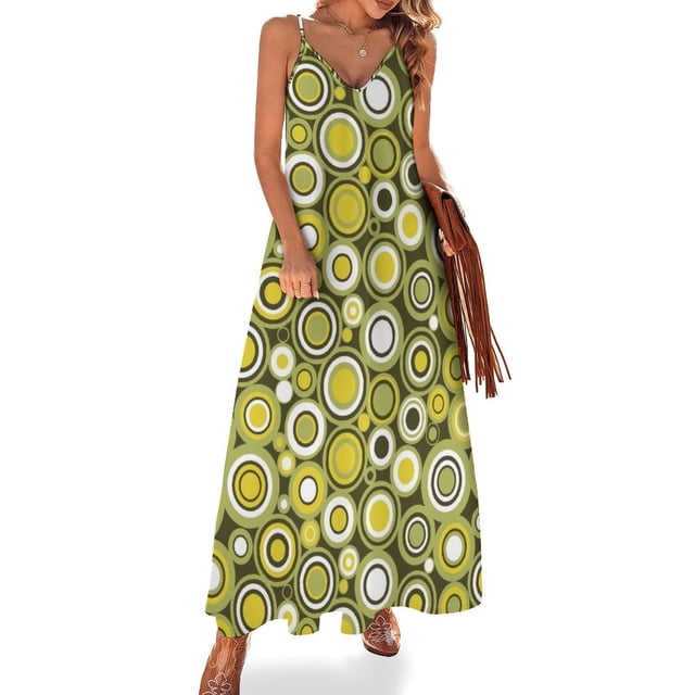 Vestido sin mangas con estampado retro de círculos verdes, amarillos y blancos Vestidos de verano para mujer para ocasiones oficiales