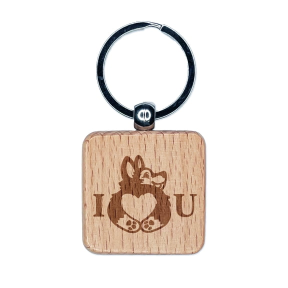 I Love You Heart Shaped Corgi Butt Anniversary Valentine's Day Square Keychain Charm Tag - Engraved Wood