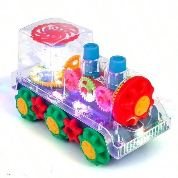 Transparent Gear Train Toy, Flashing Lights and Music, 360 Spin, Battery Bump and Go, Ages 3