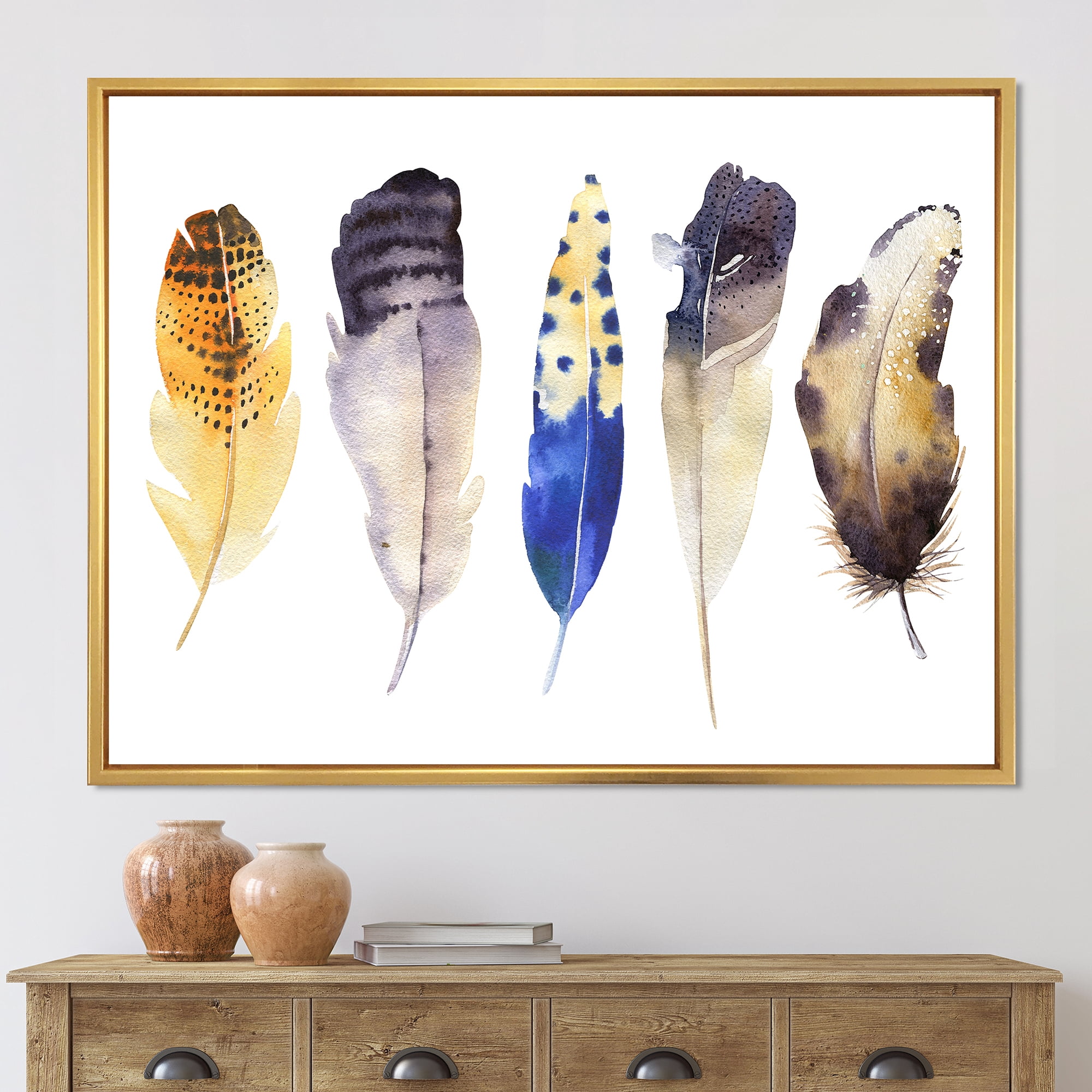 Colourful Boho Art Feather Set I 32 in x 16 in Framed Painting Canvas Art Print, by Designart