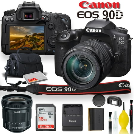 Image of Canon EOS 90D DSLR Camera With 18-135mm Lens Canon EF-S 10-18mm f/4.5-5.6 IS STM Lens Soft Padded Case Memory Card and More