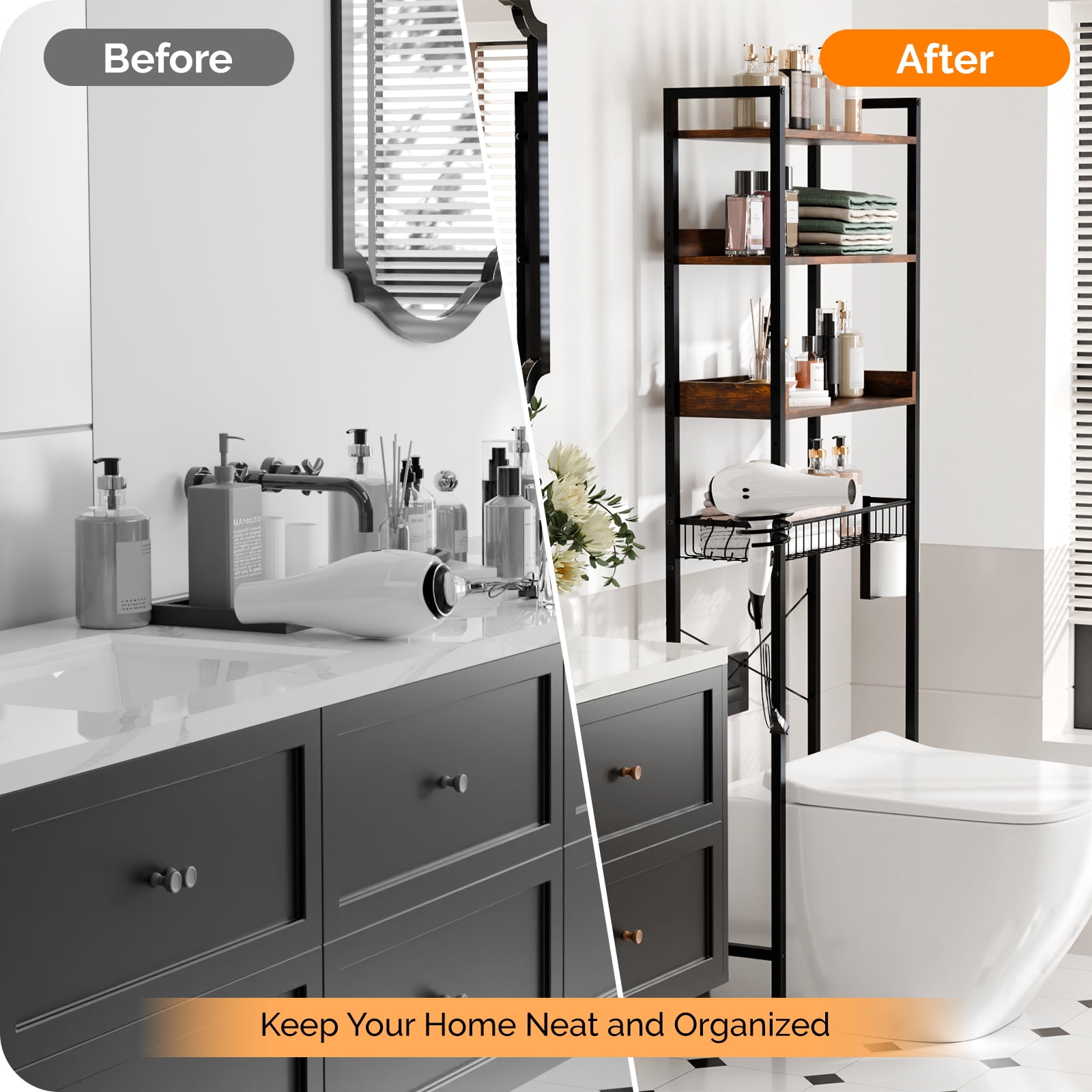 Ktaxon 3-Shelf Over The Toilet Bathroom Storage Rack and Shelf with with Wire Baskets, Tissue Hook and Hairdryer Holder, Rotten - wood