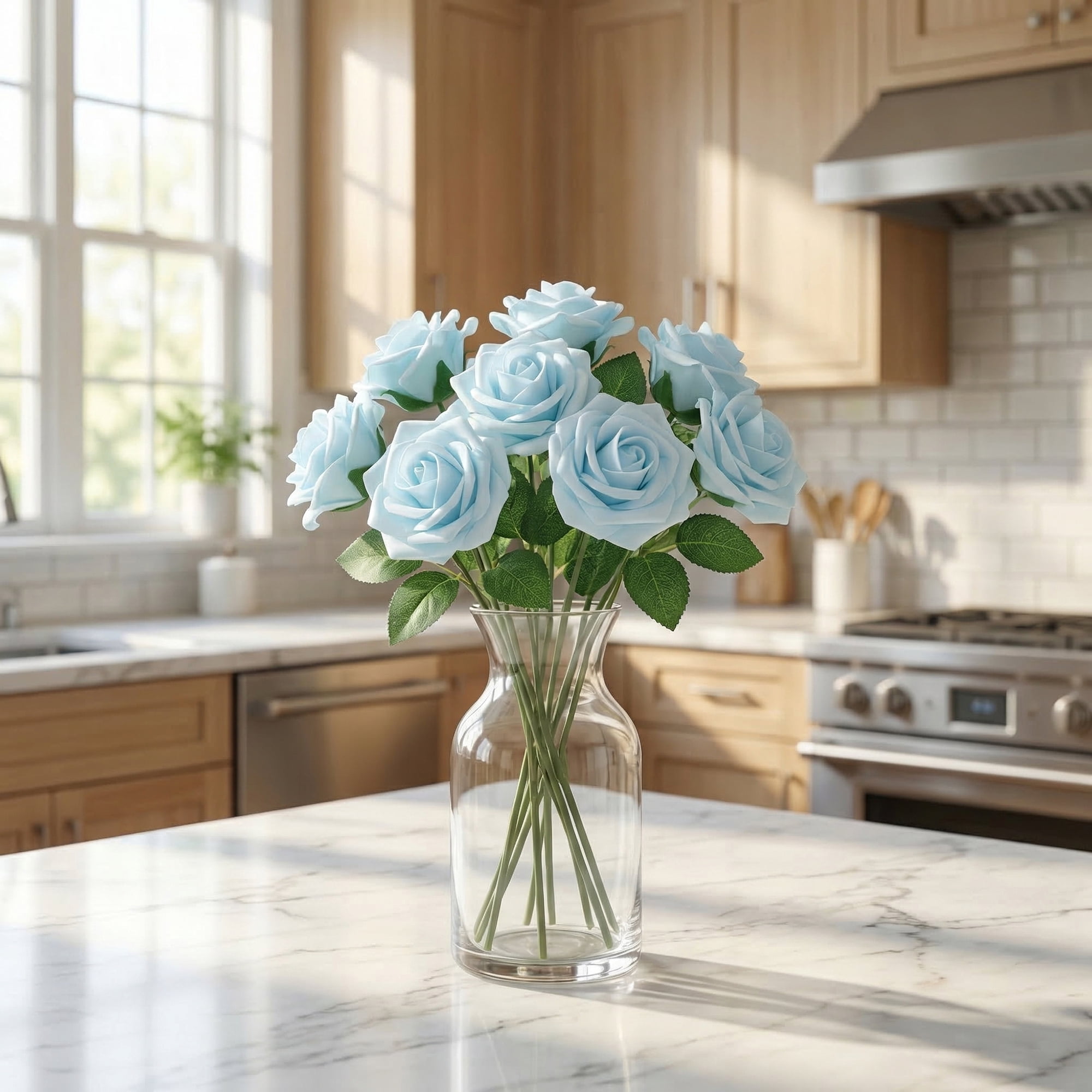Unique Bargains Artificial Detachable Rose Silk Flower Azure 7.1"